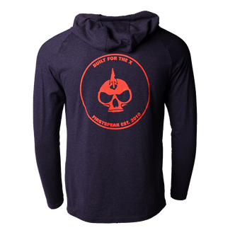 Firstspear Navy Hoodie, red-orange icon skull logo, back