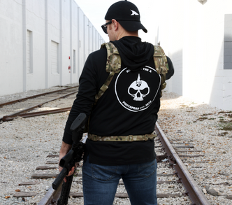 Firstspear Black Hoodie, white icon skull logo, back, Multicam Chest Rig, Black Dad Cap, white spear tip logo